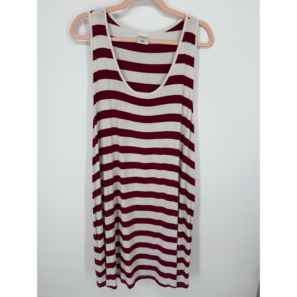 Soma Striped Sleeveless Dress Sleep Shirt Women XXL‎ Burgundy Cream Racerback
